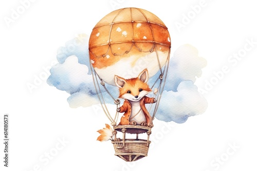 Cute mom and baby fox in hot air balloon painted in watercolor on a white isolated background. Generative AI