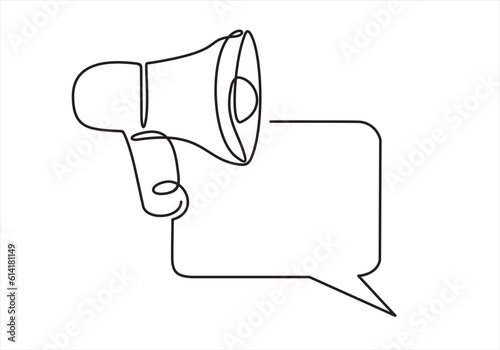 Continuous line one drawing of Speech bubble with megaphone. Vector illustration on white isolated background. Bullhorn speaker business concept.