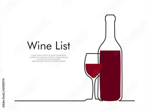 Wine list. Continuous line one drawing of wine bottle with wineglass. Illustration with quote template. Can used for logo, emblem, slide show and banner.