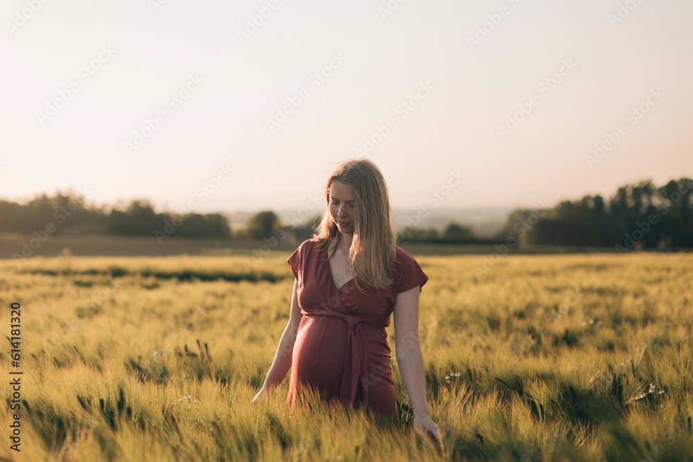 portrait of a dreamy pregnant woman in a wheat field at sunset portrait of a dreamy pregnant woman in a wheat field at sunset