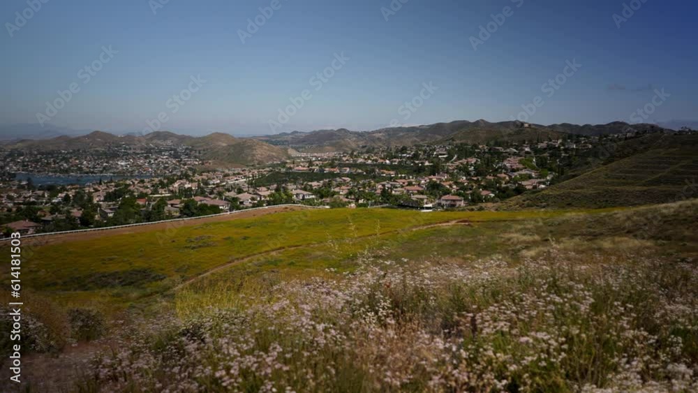 Wide angle panorama view of Canyon Lake from the Lake Elsinore hills in the spring in California Wide angle panorama view of Canyon Lake from the Lake Elsinore hills in the spring in California