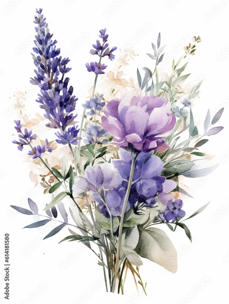 Naklejka premium Watercolour Collection { No1 } Handmade Lavender Products Made on Lavender Eco French Farm: Soap, Oil, Candle, Biscuits, Macaroon, Cupcake, IceCream, Circle Wreath & Abstract Purple Lilac Background.