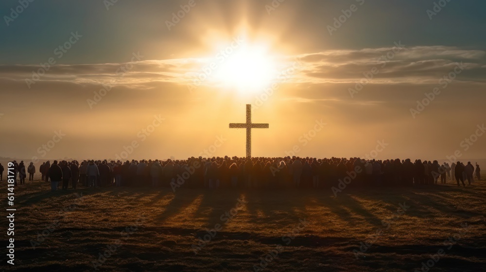 multitude of people looking towards a cross on the horizon multitude of people looking towards a cross on the horizon