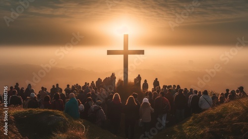 multitude of people looking towards a cross on the horizon