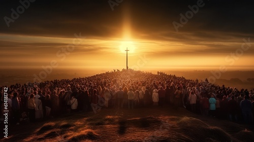 multitude of people looking towards a cross on the horizon