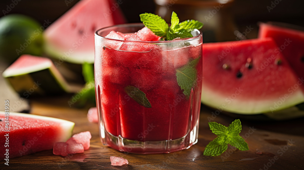 Generative AI image of a tantalizing close-up of a glass filled with refreshing watermelon drinks, adorned with ice cubes and garnished with mint leaves, a perfect summer indulgence Generative AI image of a tantalizing close-up of a glass filled with refreshing watermelon drinks, adorned with ice cubes and garnished with mint leaves, a perfect summer indulgence