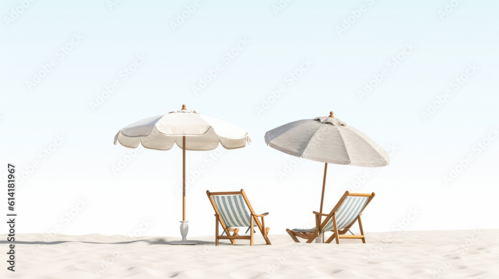 Beach chairs and an umbrella on a white sand beach Light bright background