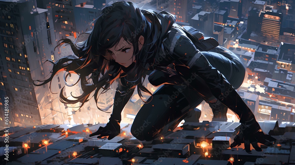 Naklejka premium Action scene, breathtaking beautiful woman ninja leaps across building rooftop, bright light city skyscrapers background. japanese anime style. generative AI