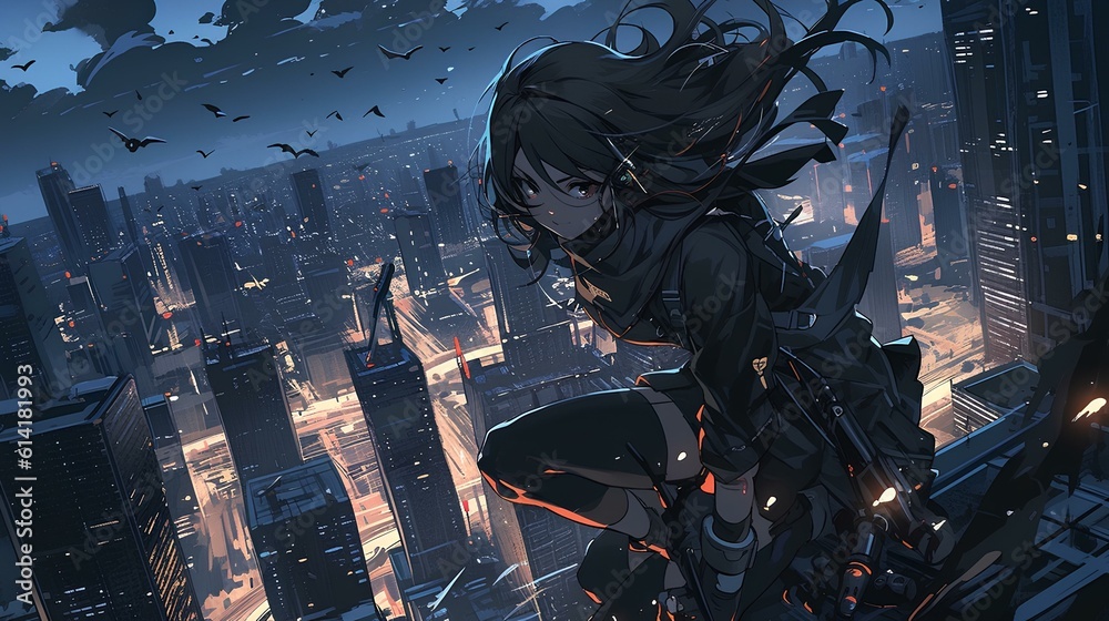 Fototapeta premium Action scene, breathtaking beautiful woman ninja leaps across building rooftop, bright light city skyscrapers background. japanese anime style. generative AI