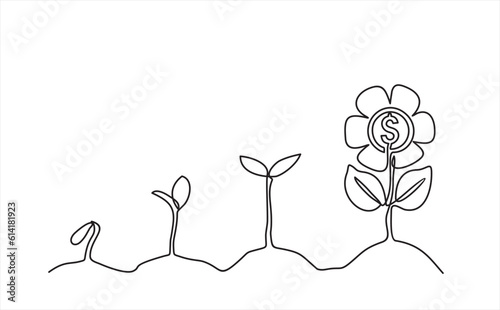 One Continuous line drawing of Money plant growth process. Financial growth concept vector illustration