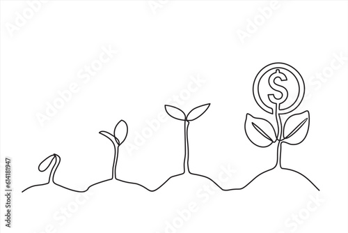 One Continuous line drawing of Money plant growth process. Financial growth concept vector illustration