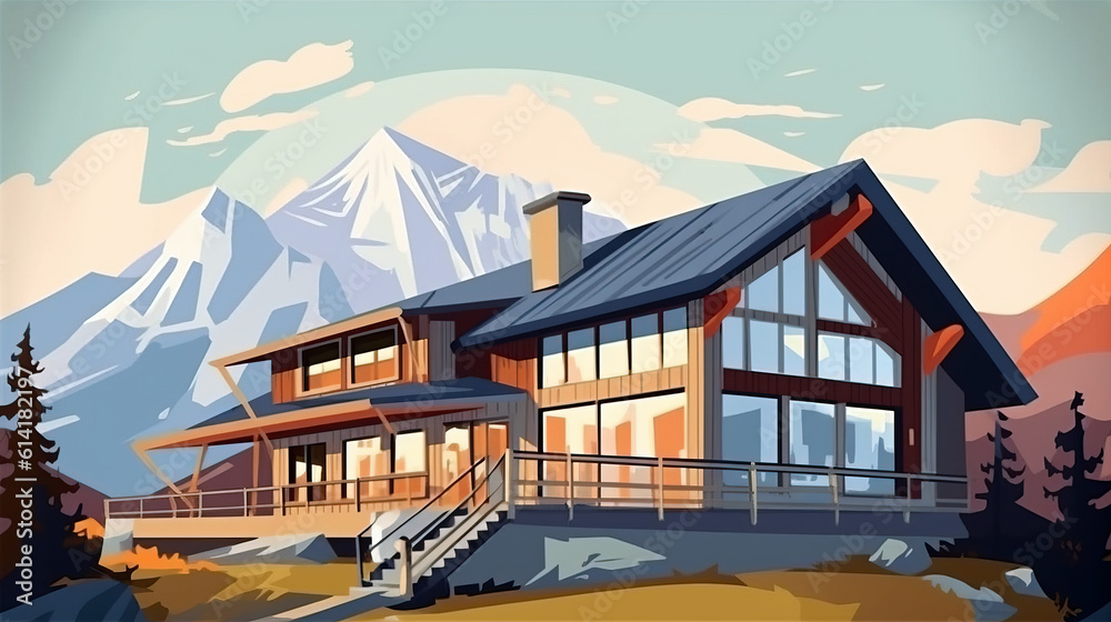  Illustration of modern private house in flat colors vector style