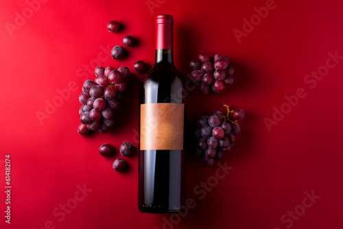 Bottle of red wine with grapes on red background. Top view. By Generative AI.