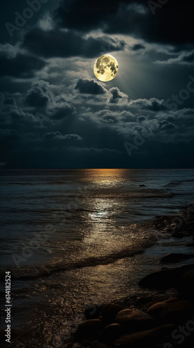 Scenery of the seaside at night with a big moon in the sky