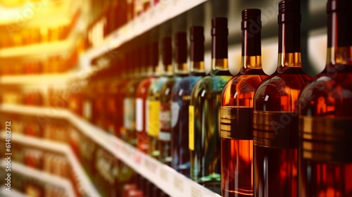 Abstract blur wine bottles on liquor alcohol shelves in supermarket store background. Generative AI