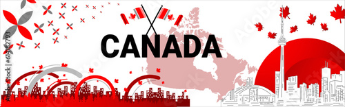 Canada day banner for independence day of Canada. Retro abstract design with Canadian flag. Vector Illustration. Red White theme with Maple leaf. Toronto skyline. Vector Illustration.