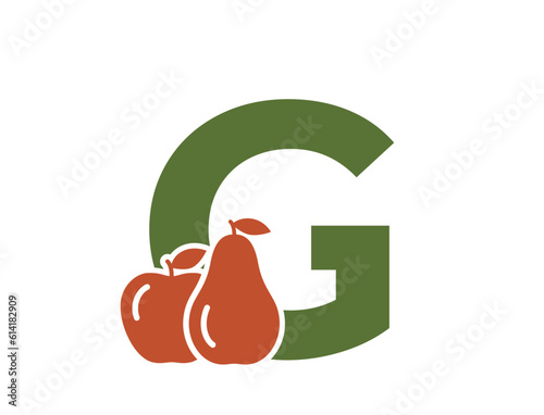 letter g with pear and apple. creative fruit and organic food alphabet logo. gardening and harvest design