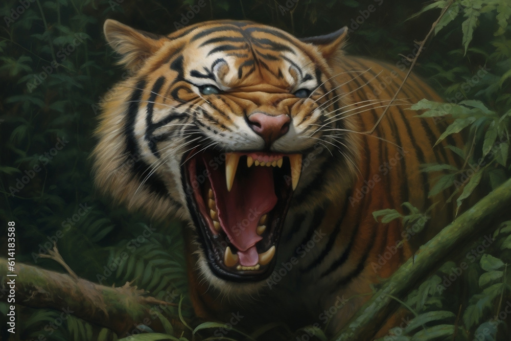 angry tiger showing its fangs in the wild, AI