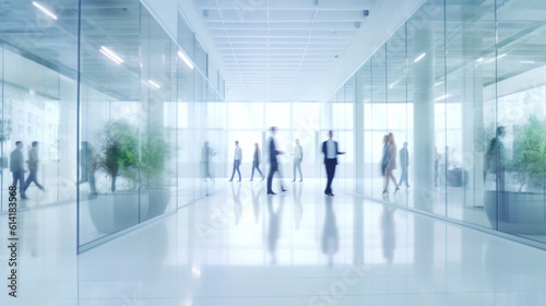 Blurred business people in white glass office background. Generative AI