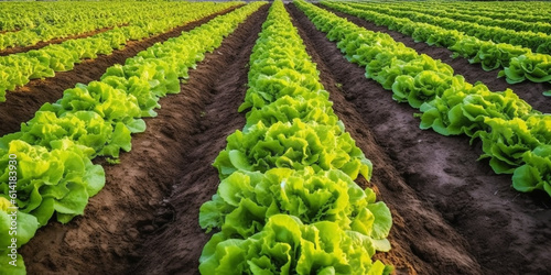 Fototapeta Image of long rows of green beds with growing cabbage or lettuce in a large farmer's field