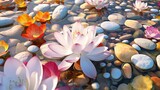 close up lotus on pebble ground, abstract flora background, generative Ai