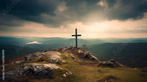 christian catholic cross on the hills. Generative AI