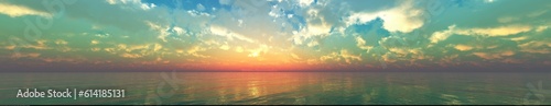 Panorama of sea sunset, ocean sunrise, seascape, 3d rendering 