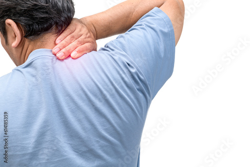 Middle aged man feel neck pain due to working in front of a computer for a long time