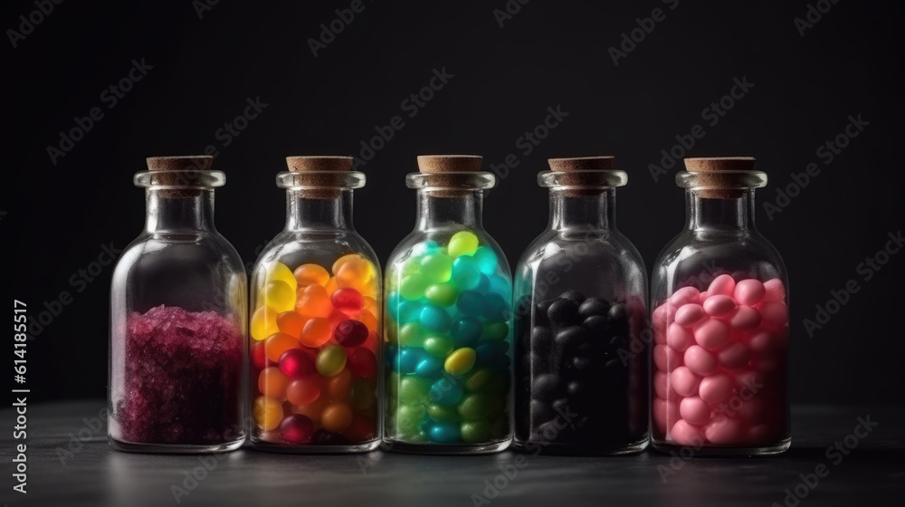 Glass bottles with colorful medicine. Liquid potions and candy in jars. Medical dose medication.