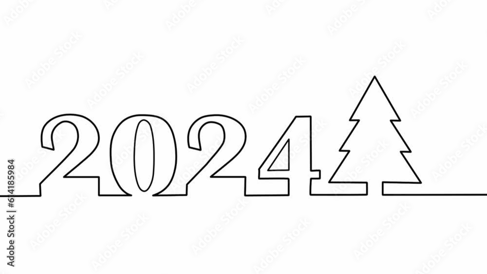 Appearing Text 2024 and christmas tree Continuous One Line Drawing. Black outline nubmer on white background Appearing Text 2024 and christmas tree Continuous One Line Drawing. Black outline nubmer on white background