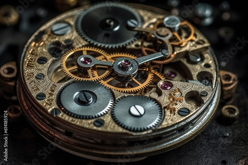 Gears and cogs in clockwork watch mechanism.