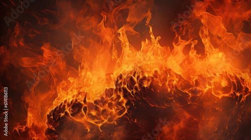 Blazing Inferno: Intense Fire Flames Dance on a Dark Orange Canvas. Generative AI