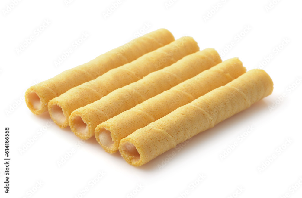 Row of creamy wafer rolls Row of creamy wafer rolls