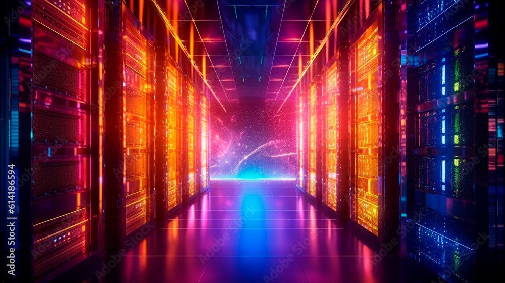 Data Center Server Room, Colorful Supercomputer Technology Abstract concept. Servers Modern Telecommunications, Artificial Intelligence. Generative AI Data Center Server Room, Colorful Supercomputer Technology Abstract concept. Servers Modern Telecommunications, Artificial Intelligence. Generative AI