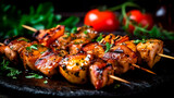 Delicious Grilled chicken skewers close up shish kebab with herb and spices. Generative AI