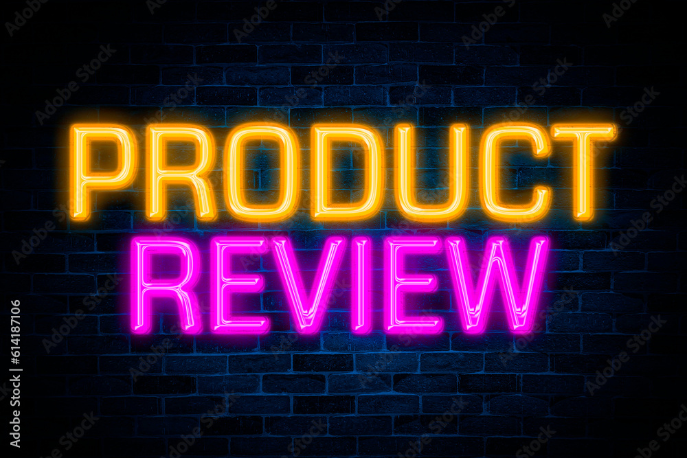 Product review neon banner on the brick wall background.	
