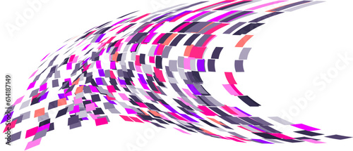 Scattered square particles ornament. Mosaic flight wind. Windy destroyed cell wall. Flight colored tiles flock direction stream.Leaf fall conditional parts single whole. Crash curved surface.