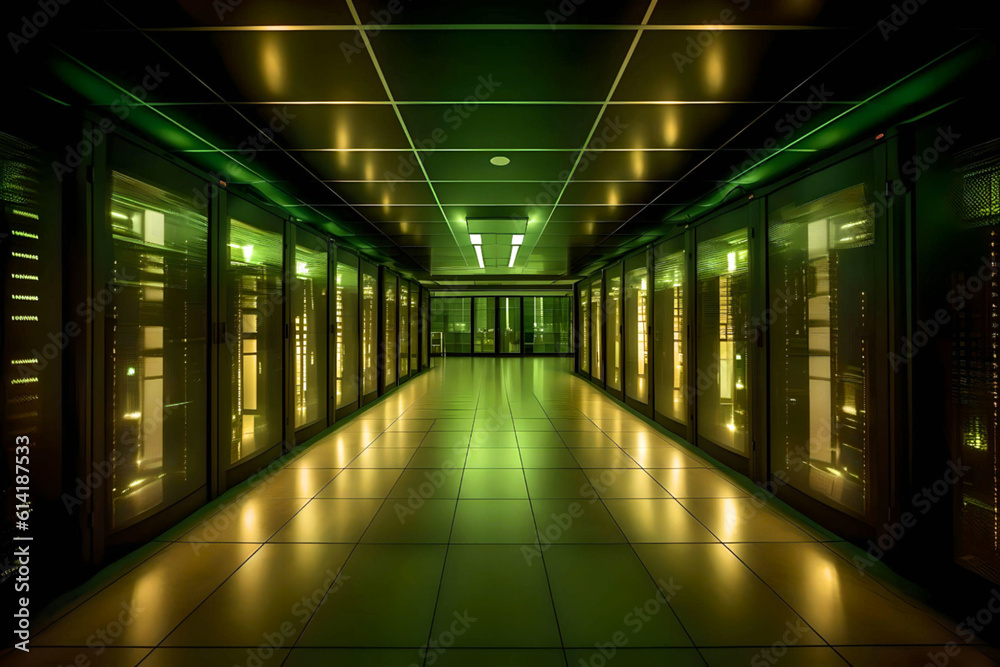 Server room with soft green lighting