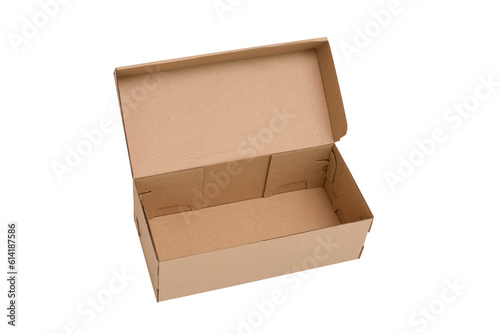 Unprinted corrugated cardboard box open and empty on white background, isolated, shoe or gift box, advertising