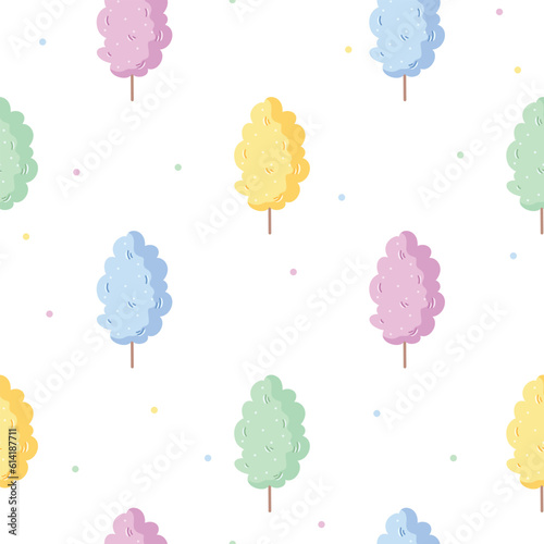 Colorful cotton candy with polka dots cute seamless pattern. Vector hand drawn flossing sugar background for kids room decor, apparel, fabric, wallpaper, textile, wrapping paper, packaging, gift.