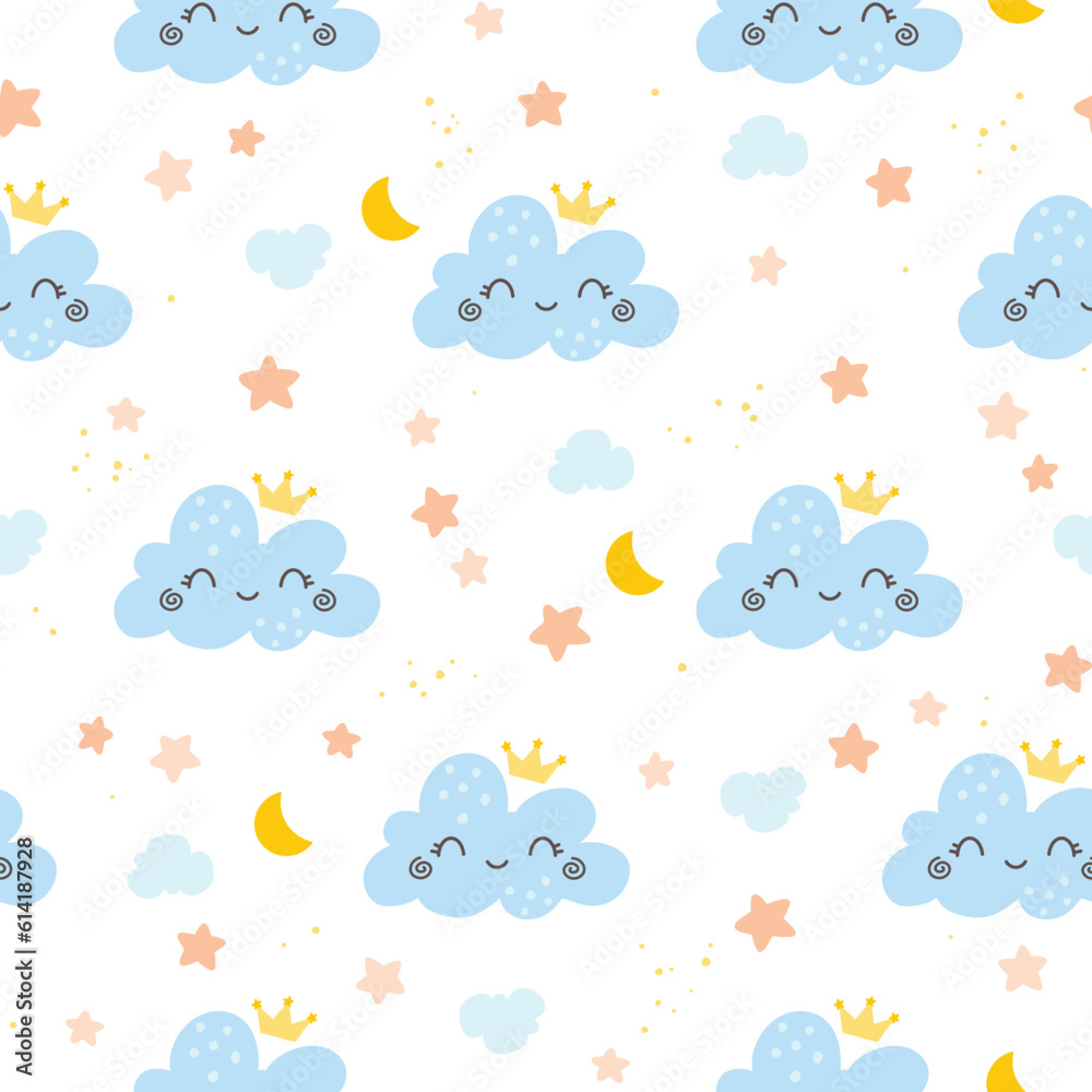Seamless vector pattern with cute hand drawn clouds smiling faces. Fun background for kids room decor, nursery art, print, fabric, wallpaper, wrapping paper, textile, apparel, gift, packaging. Seamless vector pattern with cute hand drawn clouds smiling faces. Fun background for kids room decor, nursery art, print, fabric, wallpaper, wrapping paper, textile, apparel, gift, packaging.