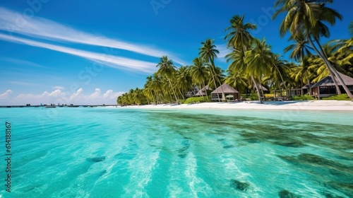 This Fantastic Commercial Shot capture the Clean Sea of Maldives and an Island in the Background with a lot of vegetation. Generative AI.