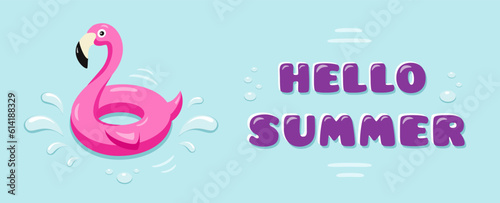Summer greeting banner with  a swimming ring Flamingo. Vector illustration.