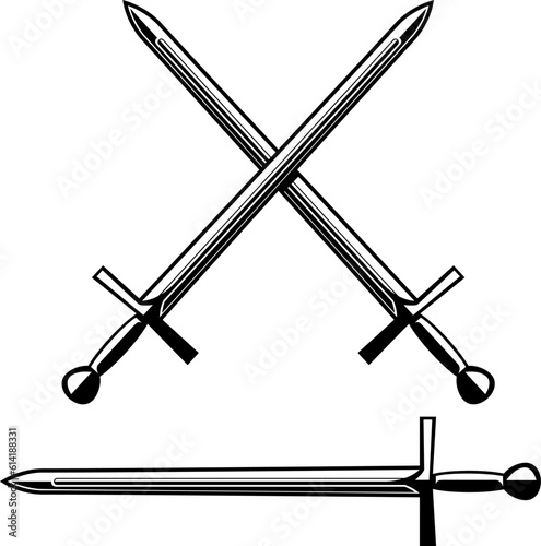 Crossed medieval swords isolated on white background