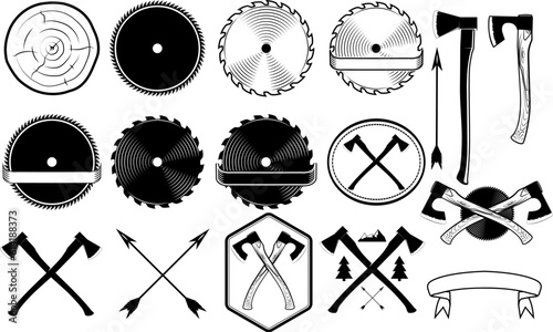 Set of emblems for lumberjack axes, circular saw. Set of vector elements for design