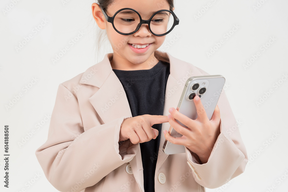 Little business lady Asia. formalwear using a mobile phone on a white background Little business lady Asia. formalwear using a mobile phone on a white background