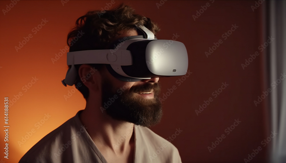 Stunned man watching a movie in virtual reality glasses. Generative ai Stunned man watching a movie in virtual reality glasses. Generative ai