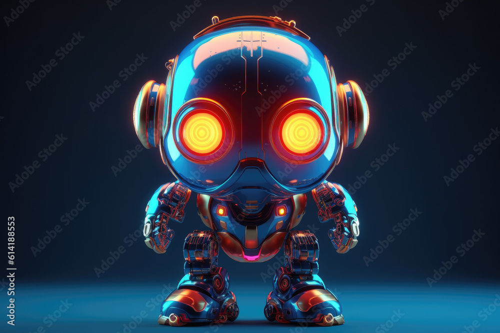 Futuristic cute shiny toy robot. Cartoon android cyborg world. Neon 3d art cartoon character. 