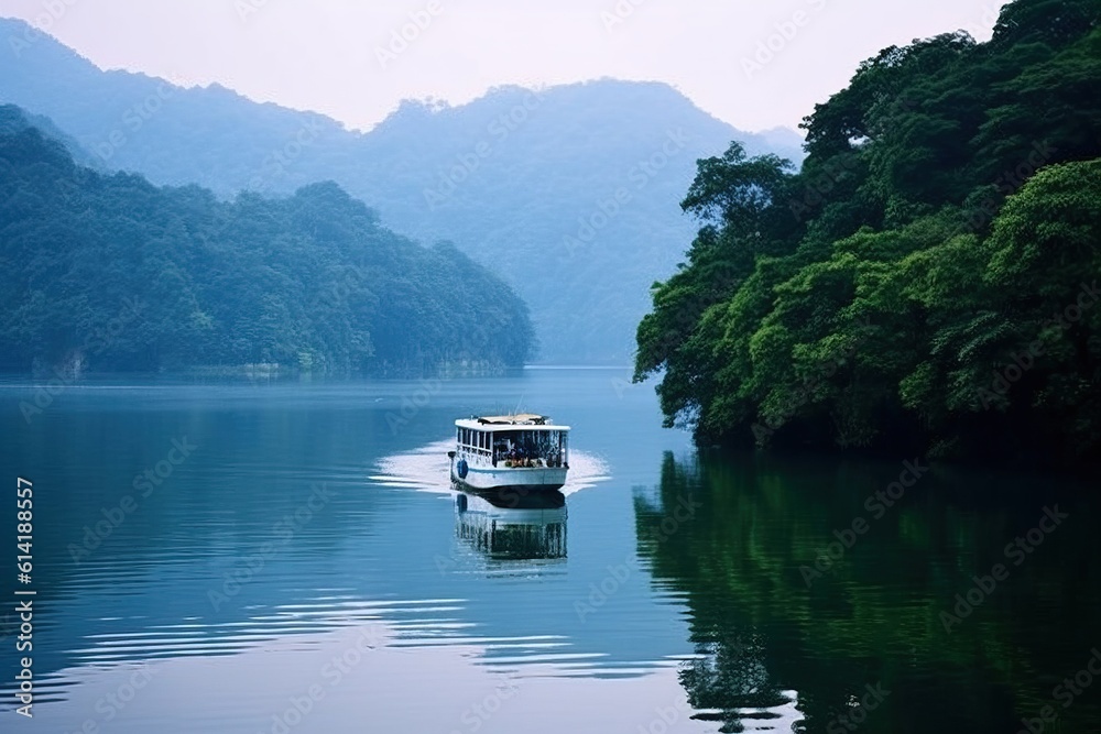 Chinese Boat navigating inside the Tianmu Lake, Professional and Commercial Shot. Generative AI.