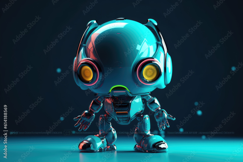 Futuristic cute shiny toy robot. Cartoon android cyborg world. Neon 3d art cartoon character. Futuristic cute shiny toy robot. Cartoon android cyborg world. Neon 3d art cartoon character.